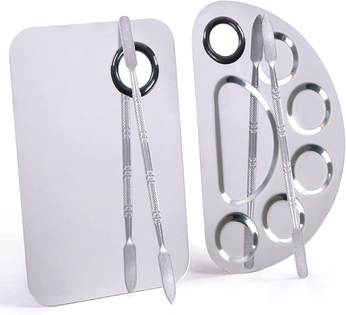 Stainless Steel Metal Makeup Palette with Spatula Artist Tool for Mixing Foundation Nail-Art, Cosmetic Makeup Palette, Makeup Plate, 6×4"/Silver/2pcs