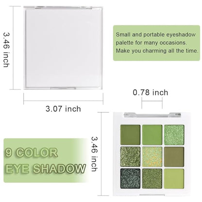 Light Bright Green Glitter Shimmer Eye Shadow Makeup Palette 9 Colors, Emerald Dark Avocado Neon Green Highly Pigmented Matte Glitter Shimmer Pearl Waterproof for woman
