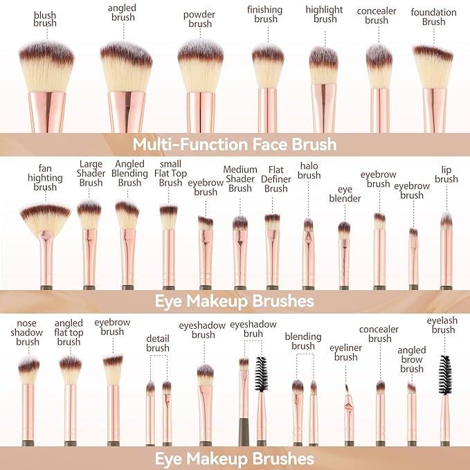 Makeup Brush Set for Foundation Concealer Eyeshadow and Travel, Include Make Up Brush, Sponge, 56PCS Brown