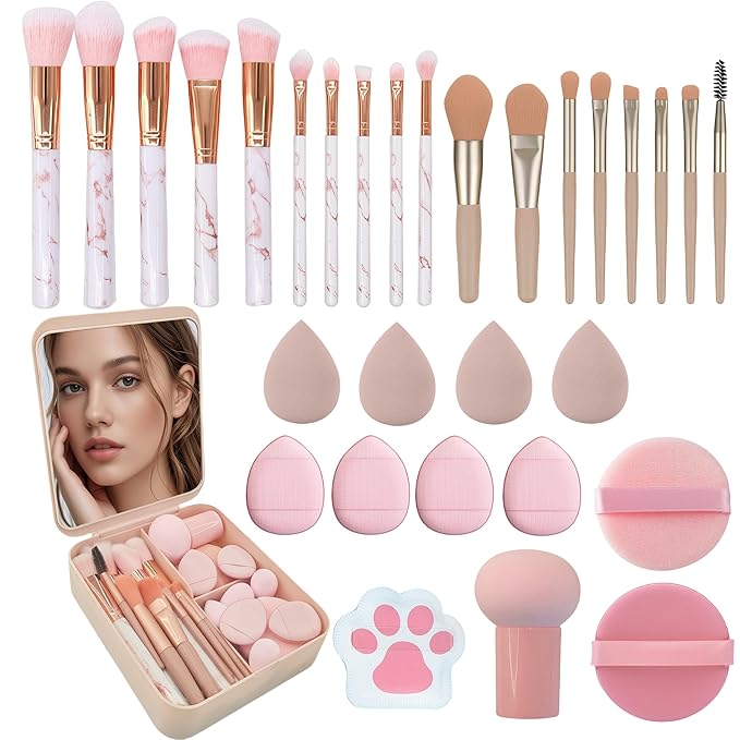Pink Makeup Brush Set for Girls, Include 18 Pcs Makeup Brush & 12 Pcs Blending Sponge & Mirror Case, Nice for Learning Makeup